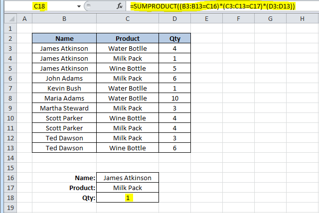 Excel SUMPRODUCT Formula.